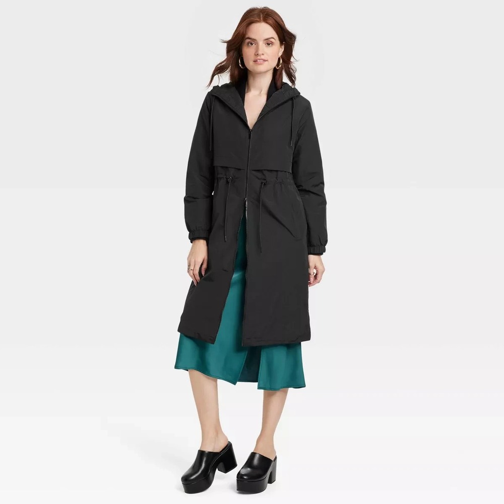 Top. Women's Hooded Relaxed Fit Trench Rain Coat - A‎ New Day Black XS